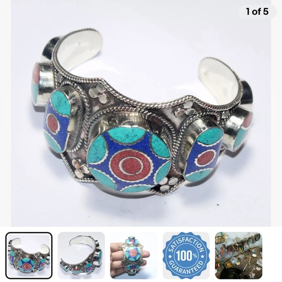 Handcrafted Tibetan turquoise coral lapis silver wide chunky cuff UNISEX - Picture 2 of 2